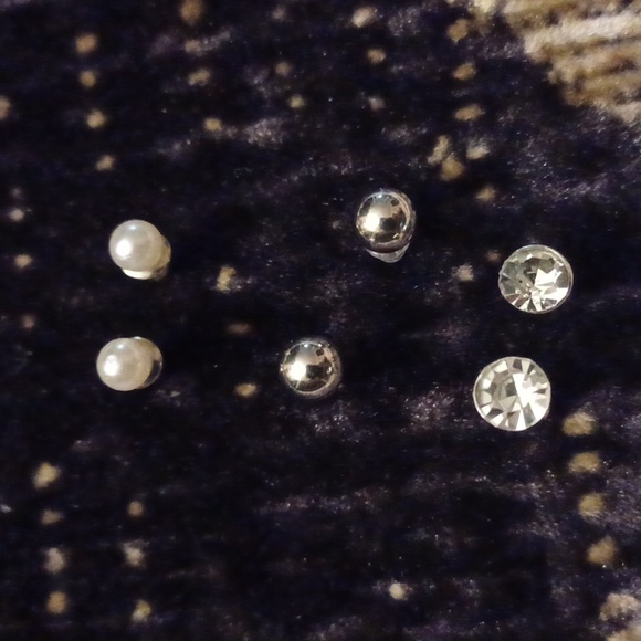 $4 Add-on Elegant Silver, Pearl & Faux Diamond Stud Earrings - Set Of 3 Pairs - Picture 1 of 3